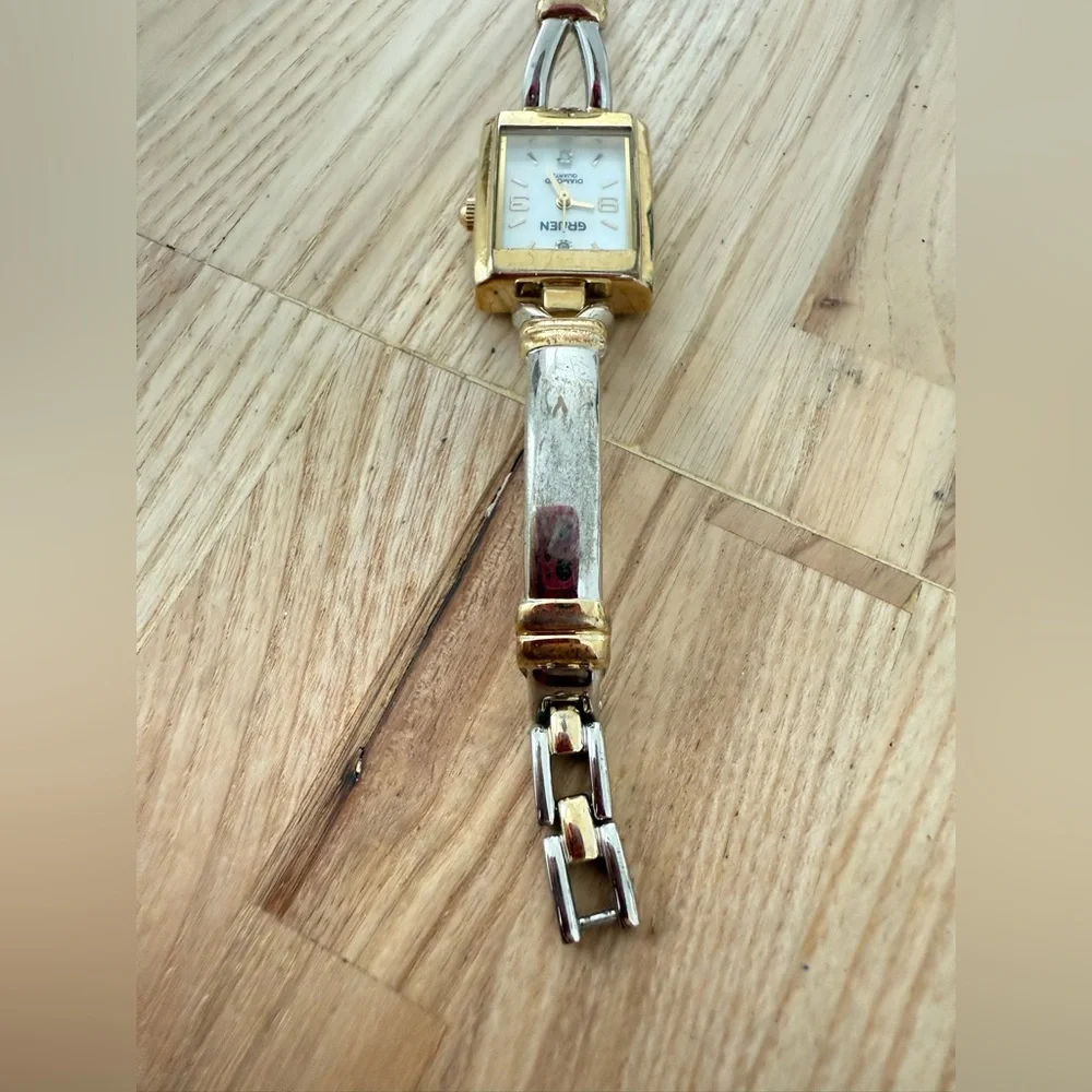 Vintage Gruen ladies diamond rectangular two tone dress watch NEW BATTERY